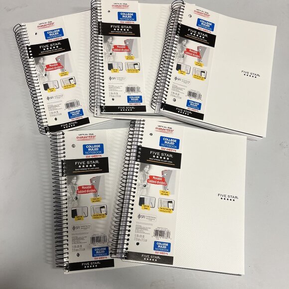 Five Star 5‑Subject College Ruled Spiral Notebook 220 Sheets White Pack of 3 - Picture 2 of 4